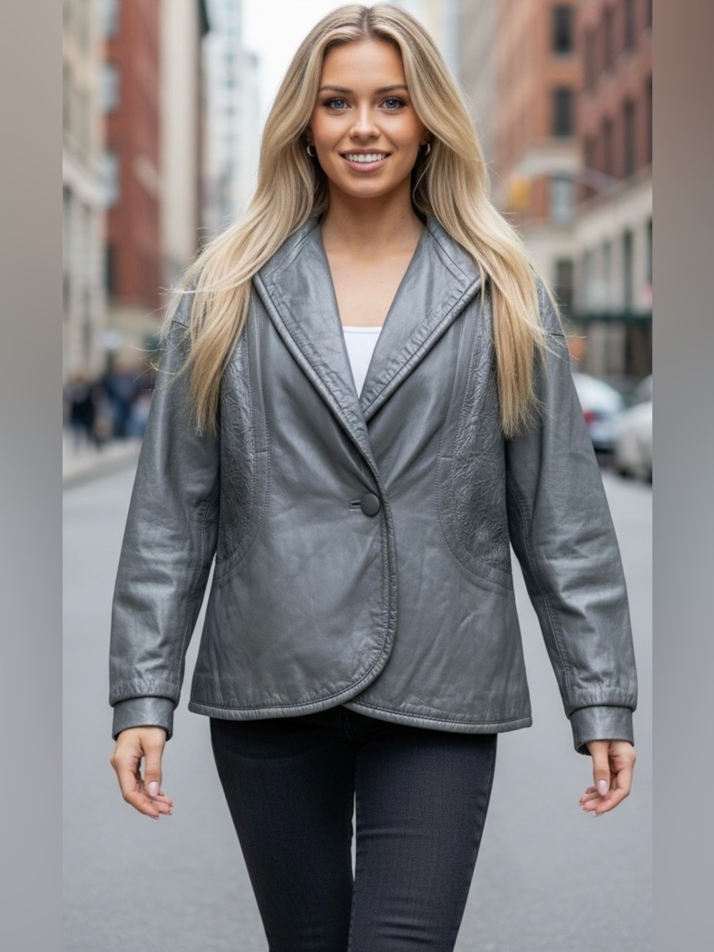 #031 Vintage DeFrino Gray Leather Jacket Size Small